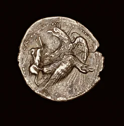 Zeldzame oude Griekse munt, zilveren tetradrachme, Agrigentum, adelaar met haas, 411 v.Chr.