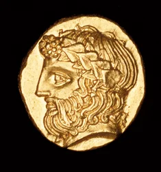 Zeldzame oude Griekse munt, goud, Thasos hemidrachme, Dionysus God van de Wijn ca. 380 v.Chr.