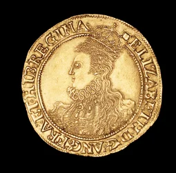 Zeldzame Engelse munt, portret van Koningin Elizabeth I, gouden pond
