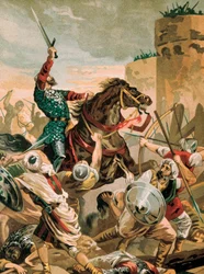 Voorstelling van Cid, Rodrigo Diaz de Vivar (1043-1099), Spaanse ridder held van de Reconquista tijdens het beleg van Valencia tegen de Saracenen in 1099