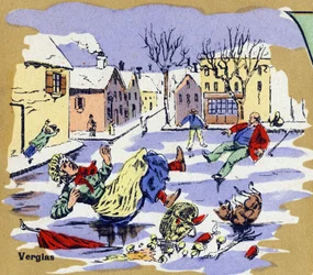 Inwoners van een dorp glijden op ijs in de winter. Geïllustreerd alfabet. Beelden verzameld in Jarville-Nancy, begin 20e eeuw.