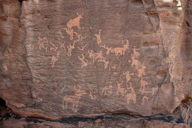 Rotstekeningen, Prehistorie: Gravure van een groep vee, struisvogels en personages in het Uweinat-massief, Soedan (Karkur-Talh of Karkur Talh). Periode van 8000 tot 3000 jaar v.Chr. Fotografie