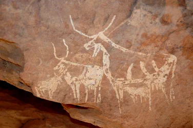 Rotstekeningen, Prehistorie: Rotsschildering van vee met grote hoorns in een beschutting versierd in het Uweinat-massief, Soedan (Karkur-Talh of Karkur Talh). Periode van 8000 tot 3000 jaar v.Chr. Fotografie