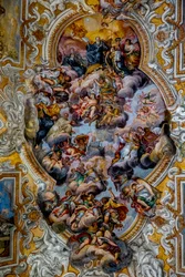 San Benedetto (St Benedictus) kerk, Catania, Sicilië (Italië). Plafondfresco detail (18e eeuw). (foto)