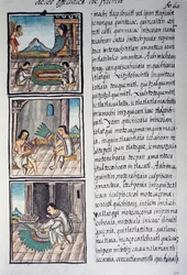 Set van versieringen en keizerlijke verenhoofdtooi, pagina uit de Florentijnse Codex, tweetalige versie in Spaans en Nahuatl, Algemene Geschiedenis van de Dingen van Nieuw-Spanje, door de Spaanse missionaris Fray Bernardino de Sahagun. Azteekse beschaving