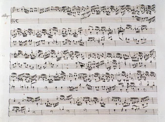Bladmuziekpagina voor Händels Fuga uit een manuscript met twee werken door Domenico Scarlatti en Friedrich Handel