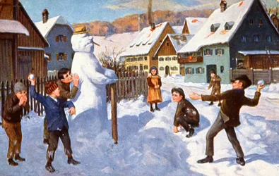 Sneeuwpop en spelende kinderen, ca. 1910 (ansichtkaart)