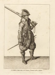 Soldaat uit de tijd van Koning Jacobus I bewapend met een caliver of haakbus