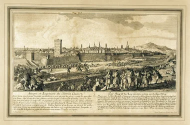 Spanje: Oorlog van de Spaanse Successie (1714). Beleg van Barcelona (gravure)