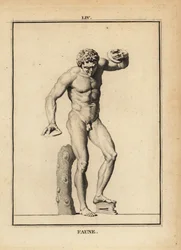 Standbeeld van een Faun op een Bacchanaal feest met bekkens en scabellum