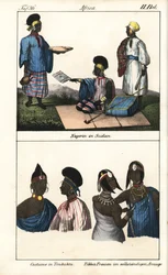Soedanese vrouwen in gestreepte jurk. Hieronder, demmes van Timboektoe (Mali) en Tibbo vrouwen van de Sahara. Lithografie voor het boek: “Galerie complete en tableaux fideles des peuples d