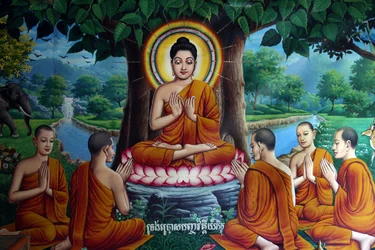 Tempelfresco met Boeddha en discipelen. Cambodja