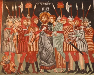 De Byzantijnse Fresco uit de 15e eeuw Judas Verraad en de arrestatie van Jezus Michael Aartsengel Kerk in Pedoulas Cyprus Geschilderde kerken UNESCO site Troodos, Cyprus