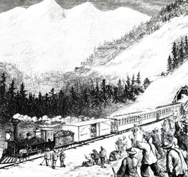 De Pacific Railroad in de Sierra Nevada bergen