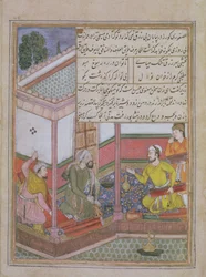 De zevenentwintigste nacht: Zarir en twee andere wevers verkopen stof aan een man met een beurs, uit Tuti Nama (Tutiname) ca. 1580