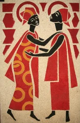 De Visitatie. Het fresco van de Keur Moussa abdijkerk werd ontworpen en geschilderd in 1963 door Dom Georges Saget, Keur Moussa, Senegal