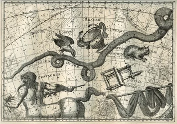 Het sterrenbeeld Hydra, met een Curbeau die het prikte en een Beker van Balanceren, afkomstig uit de mythe van Apollo die een kraai met een beker vol water had gestuurd om een offer te brengen aan Jupiter. Onder de Hydre, de Franse astronoom Lalande (1732-