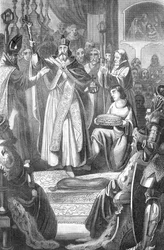 De kroning van Rodolph I van Habsburg (1218-1291) Koning van de Romeinen 24 oktober 1273 in de kathedraal van Aken Duitsland (Rudolf I van Duitsland gekroond in de kathedraal van Aken op 24 oktober 1273) Gravure uit "Bilder-Gallerie zur allgem" door Rottec