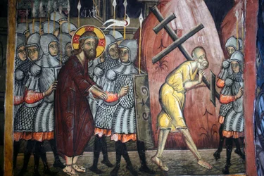De passie van Christus Simon draagt het kruis Byzantijnse fresco uit het Agios Ioannis Lampadistis-klooster, Sint Jan Lampadistis 11e eeuw Cyprus Geschilderde kerken UNESCO-site Troodos, Cyprus