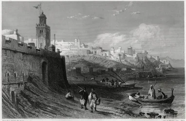 De pittoreske haven van de versterkte stad Tanger in de 19e eeuw, in het boek over de Middellandse Zee door Louis Enault, een Franse journalist en reiziger