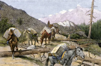Transport van voorraden en bont te paard in de Rocky Mountains, VS. Naar een illustratie van Frederic Remington