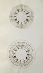 Twee ontwerpen voor grote emaille horlogewijzerplaten, uit mechanische notities en tekeningen samengesteld door John Harrison (1693-1776) en zijn zoon William (c.1726-72)