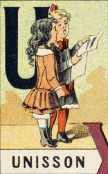U : Eenheid - Gravure uit ABCD van kleine meisjes. Pellerin & Cie, drukker-uitgever, Epinal, circa 1890. Serie A. Afmetingen: 19 x 13,5 cm