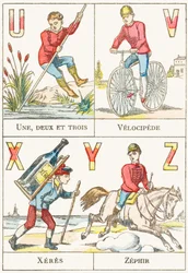 U V X Y Z; U: Een, twee en drie; V: Velocipede; X: Xeres; Z: Zephir - Spelletjes Alfabet, c.1890