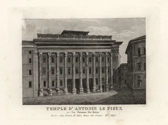 Uitzicht op de Tempel van Hadrianus, Templum Divus Hadrianus, met 11 zuilen gewijd door zijn adoptiefzoon Antoninus Pius, Tempel van Antoninus Pius, Rome