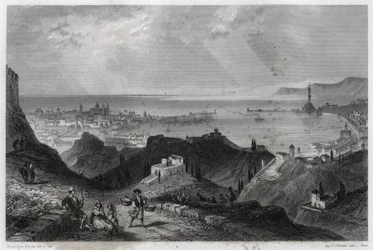 Zicht op de stad en haven van Genua, de schitterende stad, de marmeren stad, Genua-la-Superb, in het boek over de Middellandse Zee door Louis Enault (1824-1900), een Franse journalist en reiziger.