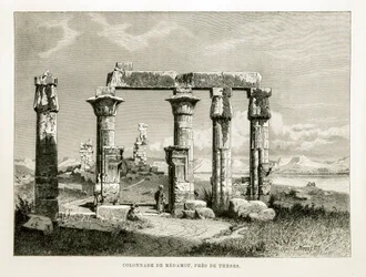 Uitzicht op de ruïnes van de Medamot-tempel nabij Thebe, Egypte Illustratie uit de Atlas van Egypte