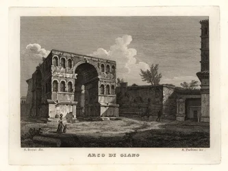 Uitzicht op de ruïnes van de Boog van Janus, Arco di Giano, Rome