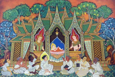 Wat Ananda Metyarama Thaise boeddhistische tempel. Geboorte van Siddhartha Gautama (algemeen bekend als Boeddha), 20160818, Singapore, Singapore
