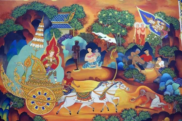 Wat Ananda Metyarama Thai Boeddhistische Tempel. Leven van de Boeddha schilderij, 20160818, Singapore, Singapore