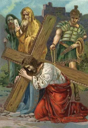 Kruisweg - Via crucis - Staties van de kruisweg: Zevende statie, Jezus valt voor de tweede maal. Chromolithografie. Privécollectie