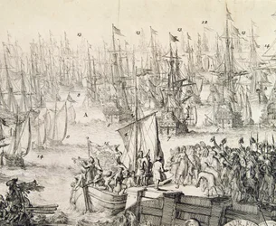 Willem van Oranje vertrekt naar Engeland in november 1688 (gravure)