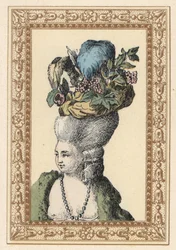 Vrouw in opgestoken kapsel met muts versierd met druiven en veren genaamd Racy Cap in een Engels park. Galante hoed in het Engelse park. Handgekleurde lithografie door de Laubadere uit Octave Uzane