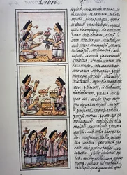 Vrouwen die een feest voorbereiden, Boek IV van de Florentijnse Codex, Tweetalige versie in Spaans en Nahuatl, Algemene Geschiedenis van de Dingen van Nieuw-Spanje
