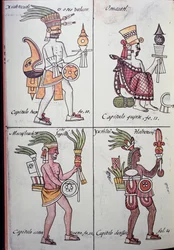 Xiuhtecuhtli, Omacatl, Macuilxochitl, Ixtlilton, Pagina uit Florentijnse Codex, Versie in Spaans en Nahuatl, Algemene Geschiedenis van de Dingen van Nieuw-Spanje (Historia general de las cosas de Nueva Espana), Azteeks