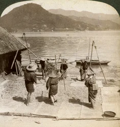 Gersten dorsen naast een vissersstrand aan de Binnenzee, Japan, 1904