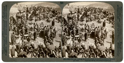 Mensen die naar Jeruzalem komen voor offer, buiten de oostelijke muur, 1900
