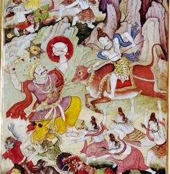 Siva vernietigt de demon Andhaka, Harivamsa manuscript, Mughul, ca. 1590