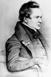 Victor Hugo (1802-1885) Franse schrijver, hier in 1832 (gravure door Georges Frey naar Leon Noel)