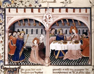 6e kort verhaal: Giovanna luncht met Federigo Alberighi, een illustratie uit Boccaccio