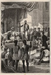 Een reis (1792-1795) naar Egypte en het Nabije Oosten door William George Browne (1768-1813): Browne ontmoet de Sultan van Darfur Ald el Raschman (Abd-er-Rahman, bekend als El-Rachid of de Rechtvaardige), in El Fasher (Al-Fashir, Soedan) in 1793 - illustra