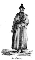 Een Kirgiziër in de 19e eeuw. Turkse volkeren die sinds de oudheid in de midden-Yenissei-vallei leefden (Kirgizië)