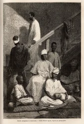 Een Senegalese familie uit Saint Louis. Gravure ter illustratie van een cruise langs de kust van Afrika, door Vice-admiraal Fleuriot de Langle, in 1868, gepubliceerd in Le tour du monde, 1872, onder redactie van Edouard Charton, editie Hachette, Parijs. Se
