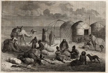 Een Turcoman kamp in het grensgebied van Turkestan en Perzië, elke tent, gemaakt van houten traliewerk en bedekt met vilt, herbergt een gezin. Gravure ter illustratie van het verhaal van Henri de Blocqueville 