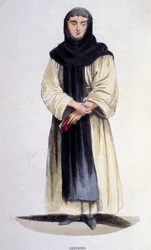 Een celestijn, religieus van de orde gesticht in 1254 door Celestinus V. Gravure uit de 19e eeuw