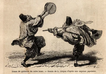 Een dans van de confery van de Kami-cultus, met recitatie van litanieën en onverwachte choreografische figuren. Gravure ter illustratie van de reis naar Japan, door Aime Humbert, minister van de Zwitserse Confederatie, in 1863-1864, gepubliceerd in 